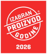 Logo „Izabran proizvod godine 2026” u beloj boji na crvenoj pozadini.