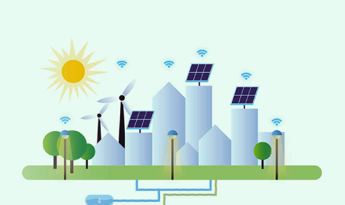 Na slici je šematski prikaz održivog grada sa korišćenjem solarne energije, energije vetra i pametne energetske infrastrukture.